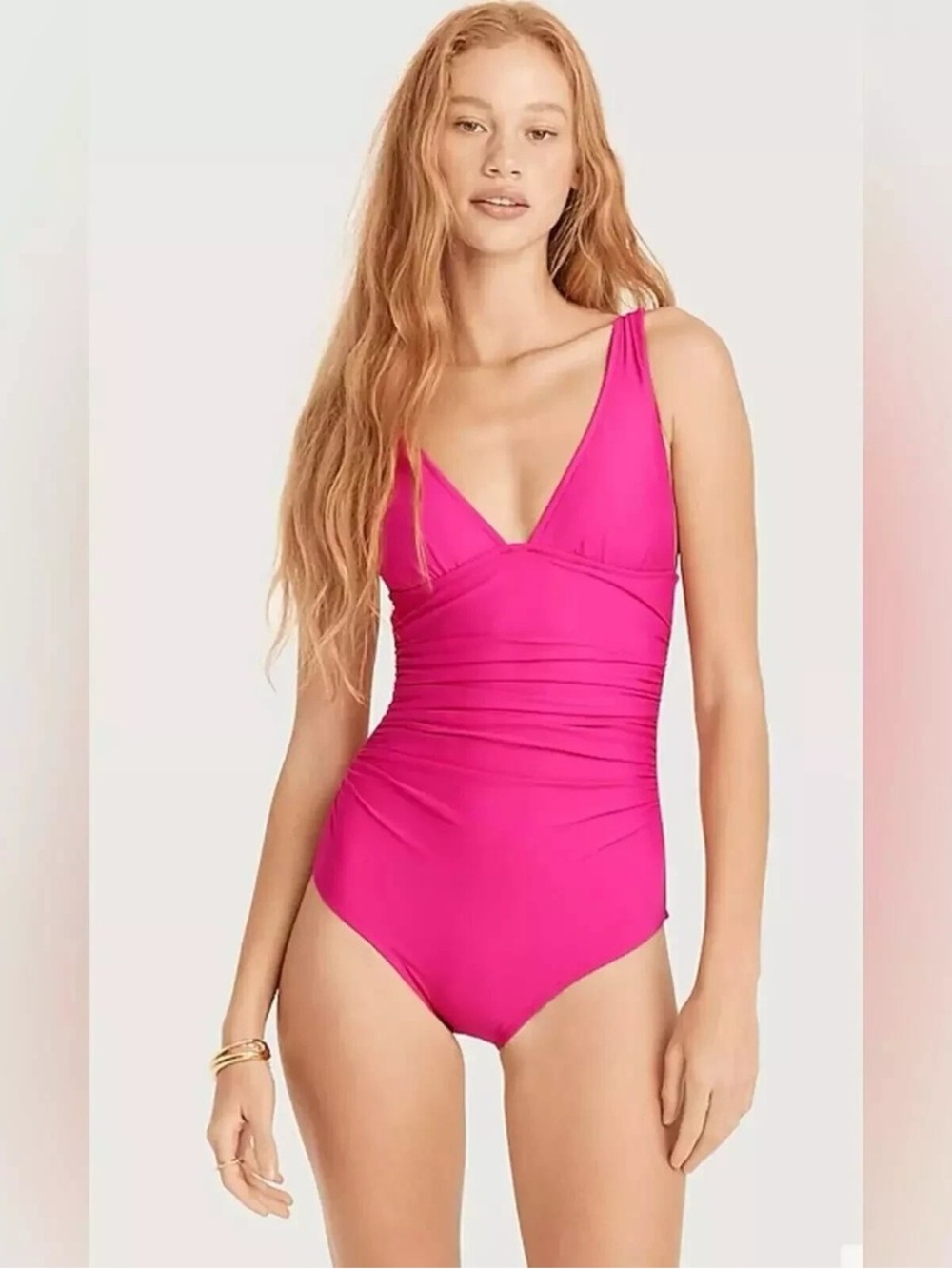 J.Crew Women’s Ruched V Neck One Piece Swimsuit Radiant Fuchsia